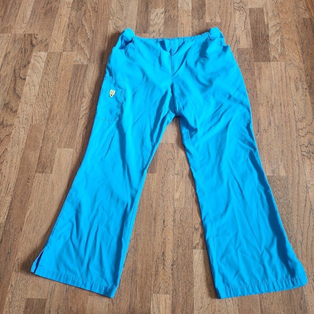 Smiley Face Women XL Turquoise Blue Cargo Scrub Pants‎ Elastic Waist 562
